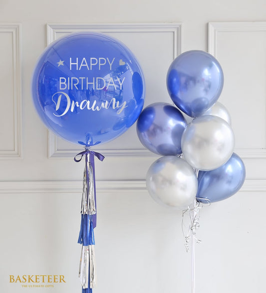 Blue tone balloon set with personalised bubble balloon, silver and metallic accents for birthday celebrations