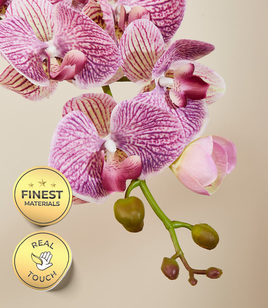 Purple striped phalaenopsis orchid spray with white petals and green buds, premium artificial flowers for gifting
