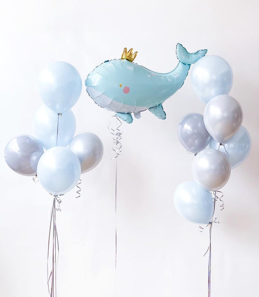 Under the Sea whale foil balloon bouquet with light blue and silver latex balloons for kids' birthday celebrations
