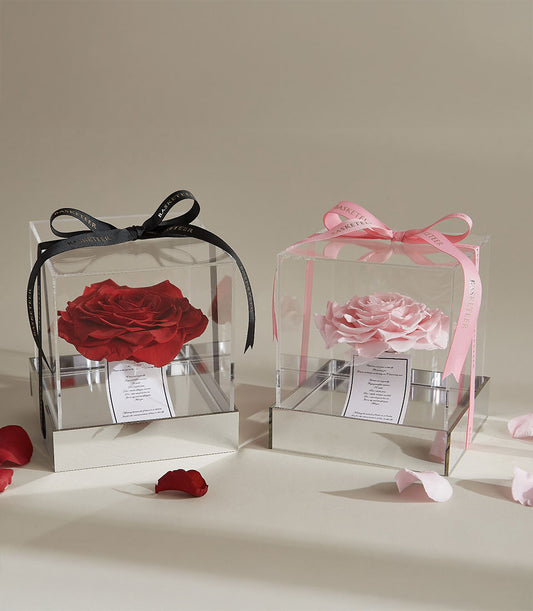 Preserved red and pink roses in clear acrylic luxury display boxes with silver mirrored bases, tied with signature black and