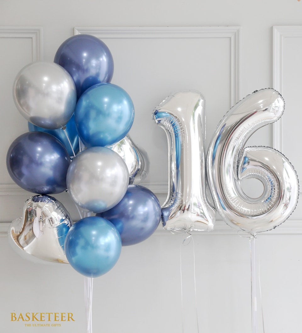 Basketeer gift: Number balloons in shades of blue and silver, including a heart shape. Perfect for same-day gift delivery in Bangkok.