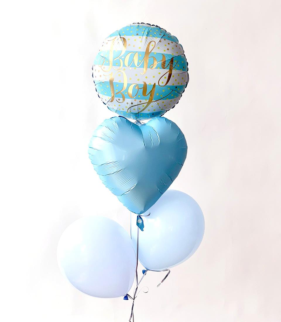 Blue and white baby boy balloon bouquet with striped foil balloon, heart shape, and latex balloons for new baby celebrations