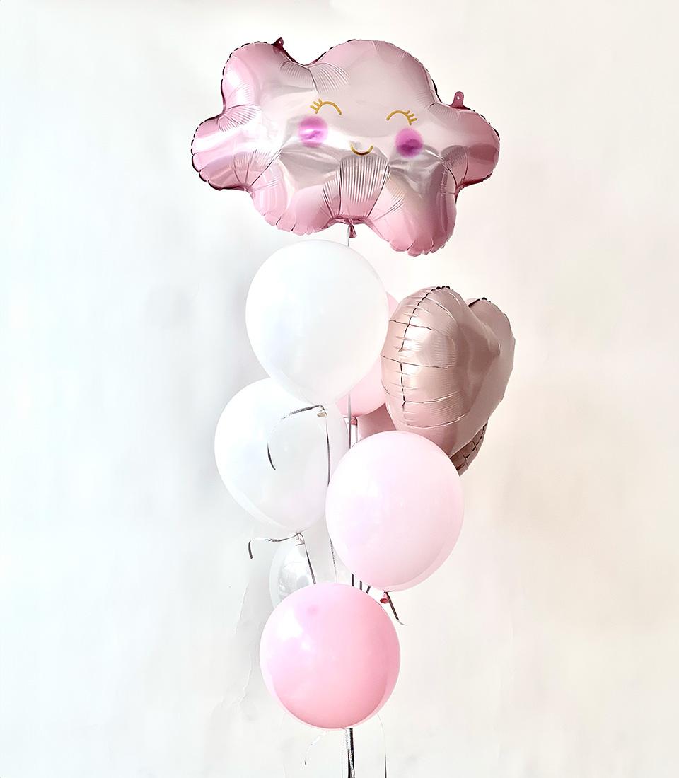 Pink cloud smiley balloon bouquet with rose gold heart and latex balloons for kids' birthday