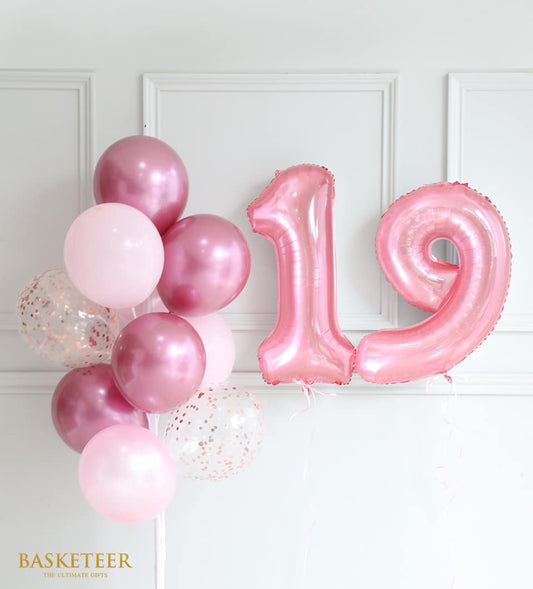 Pink number balloons with rose gold confetti and latex balloons, birthday party gift set