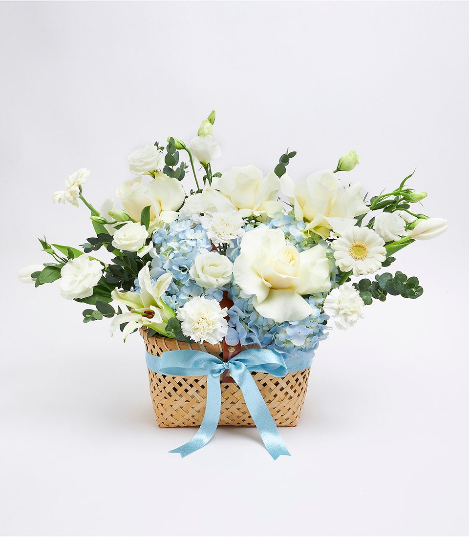 Gentle white and soft blue roses with hydrangeas in woven basket, get well flowers with satin ribbon