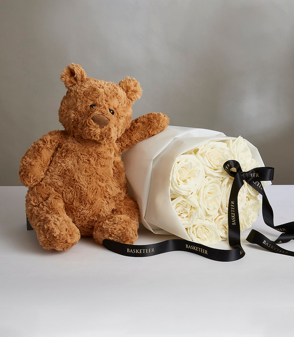 White roses bouquet with brown teddy bear and black satin ribbon, Valentine's Day gift combo