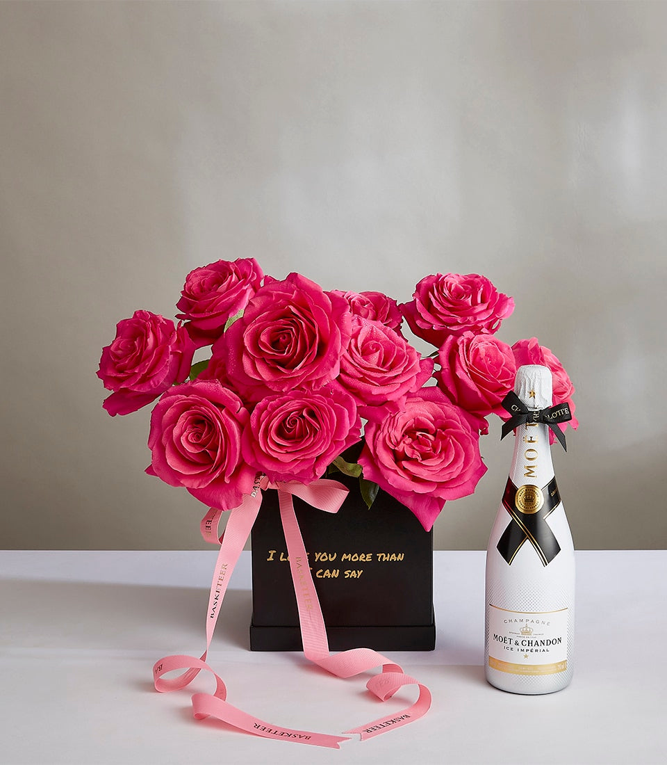 Pink rose bouquet with Moët champagne anniversary gift set in black luxury box with gold ribbon
