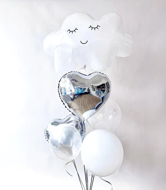 White cloud smiley balloon bouquet with silver hearts, perfect for kids' birthdays