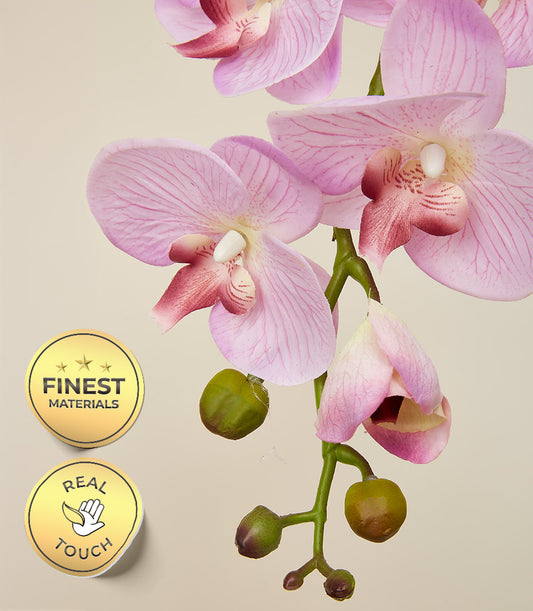 Elegant light purple artificial potted orchids with delicate petals and gold quality badges