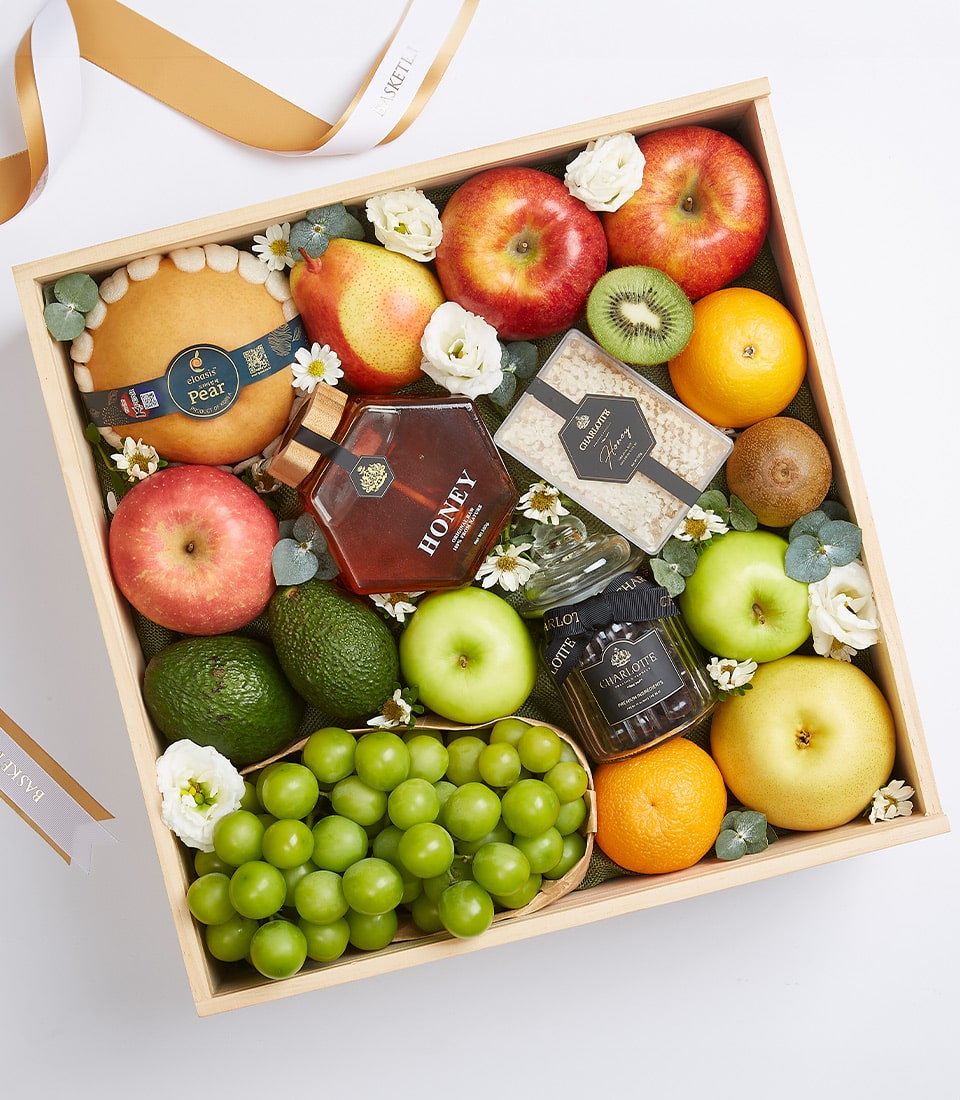 Splendor Fruit Gift Box with fresh Asian pears, apples, avocados, grapes, honey, and honeycomb in wooden presentation box