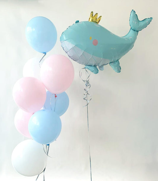 Pastel blue whale foil balloon with gold crown and pink latex balloons, kids birthday gift arrangement
