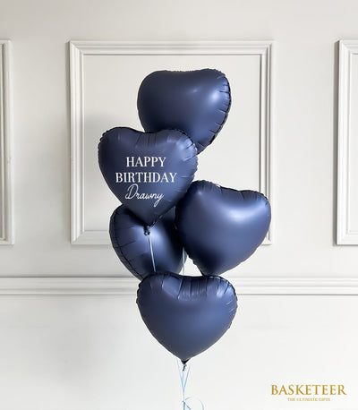 Navy blue heart-shaped foil balloon set with personalized birthday message and light blue ribbons