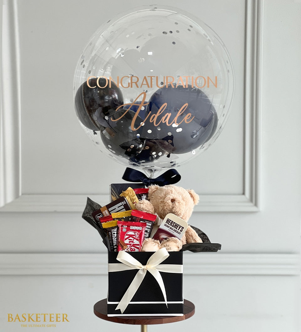 Luxury gift box with wine, chocolate, teddy bear and surprise balloon with gold personalization