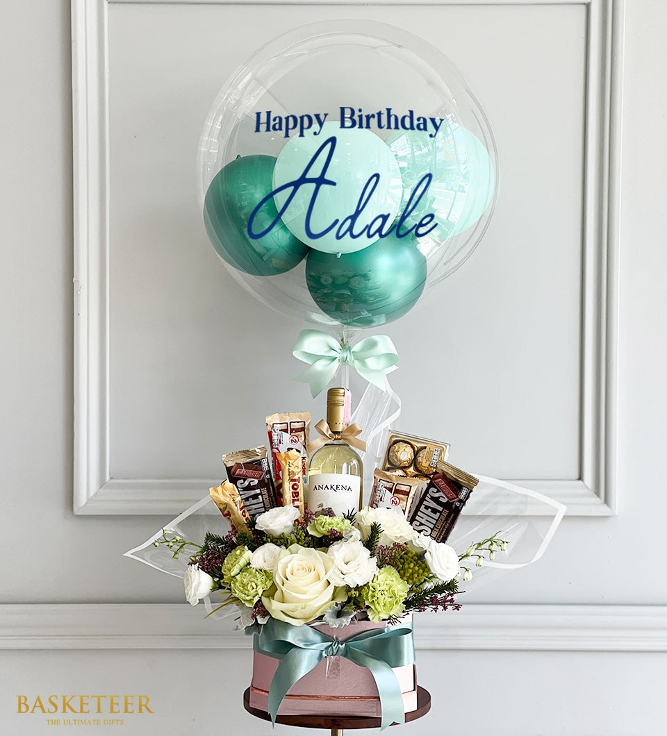 Personalised happy birthday balloon with white wine, white roses, and assorted chocolates in pink gift box