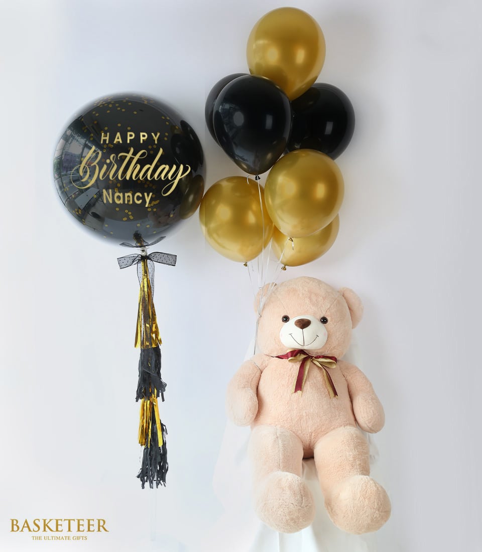 Black and gold confetti balloon with teddy bear birthday gift set