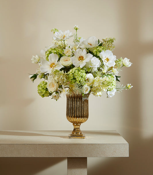 Luxe white and cream artificial flower arrangement in gold urn vase, perfect for home décor or celebration gifting