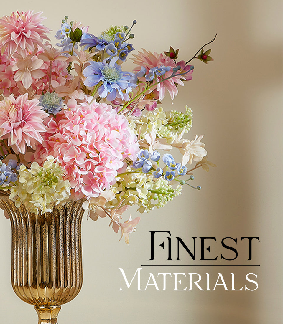 Emerald Morning Renewal artificial flowers in pink, blue and white arranged in golden ribbed vase, premium new home gift