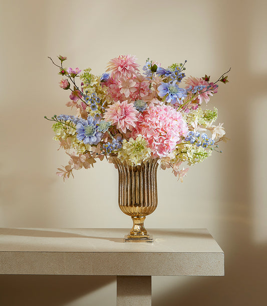 Emerald Morning Renewal artificial flower arrangement with pink dahlias and hydrangeas in gold fluted urn vase
