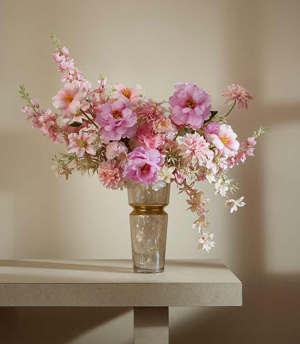 Pink and white artificial peony arrangement in clear glass vase with gold band, luxury floral gift for any occasion