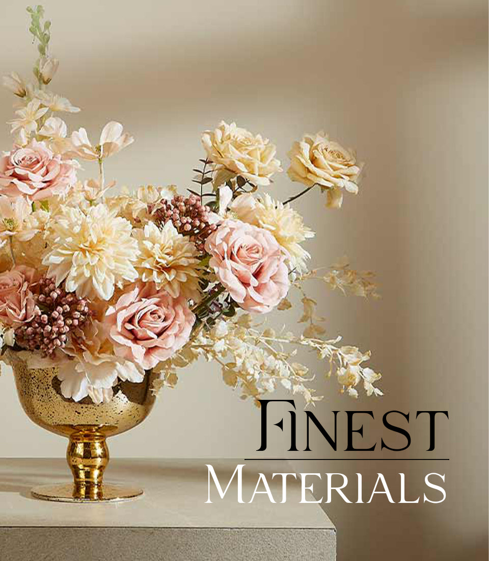 Luxury artificial rose and dahlia arrangement in gold footed bowl with cream and blush tones