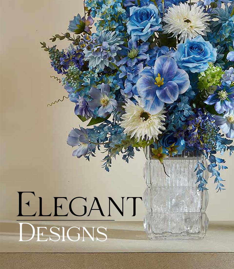 Graceful Serenity blue rose and dahlia artificial flower arrangement in textured glass vase