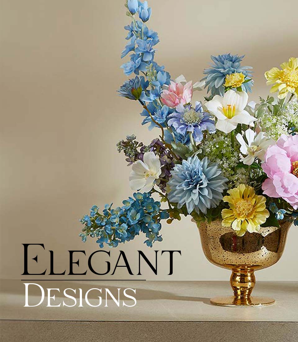 Springtime Vibrance artificial flower arrangement in gold mercury vase with blue, pink, white and yellow blooms