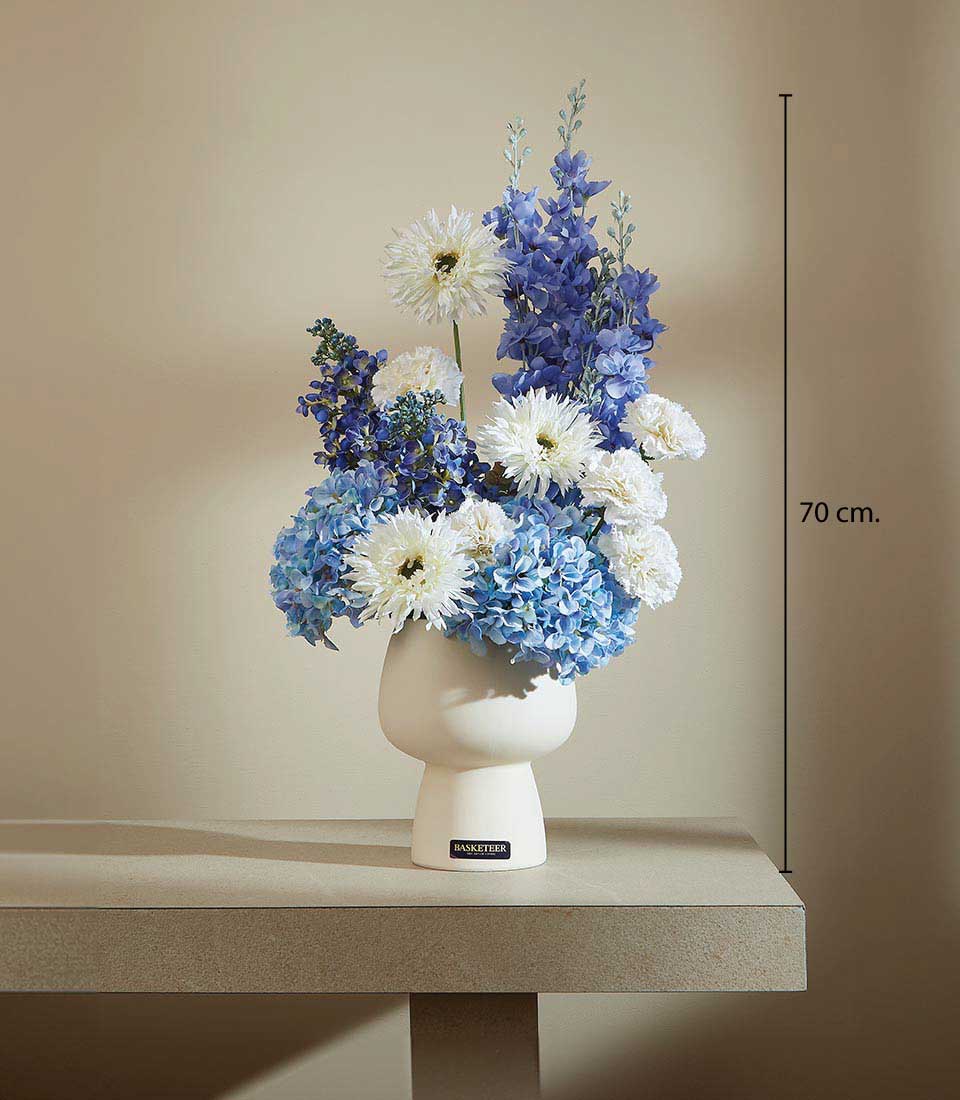 Blue hydrangea and delphinium artificial flower arrangement in modern ceramic vase, 70 cm tall
