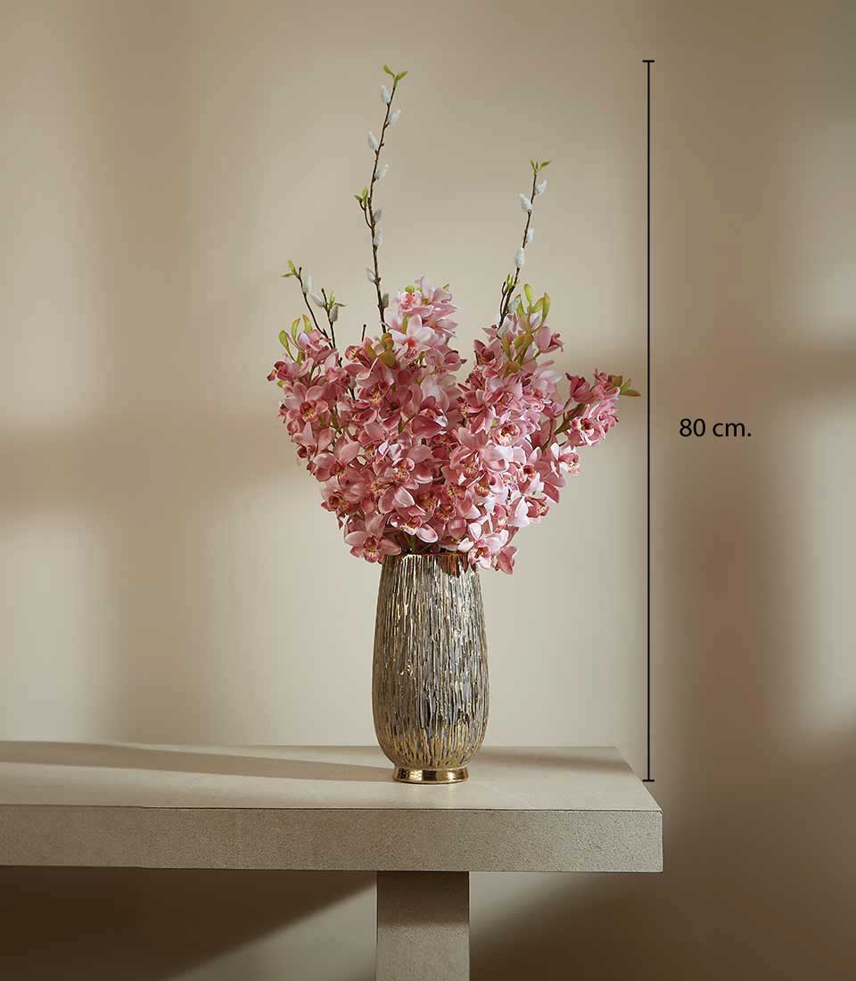 Pink blossom artificial flower arrangement in metallic gold vase, 80cm tall luxury gift
