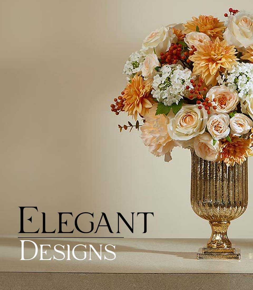 Elegant peach and cream artificial flower arrangement in gold pedestal vase with berries