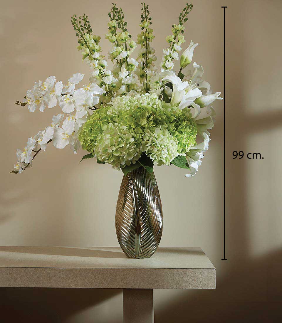 Tall white and green artificial flower arrangement in textured gold vase, 99 cm height