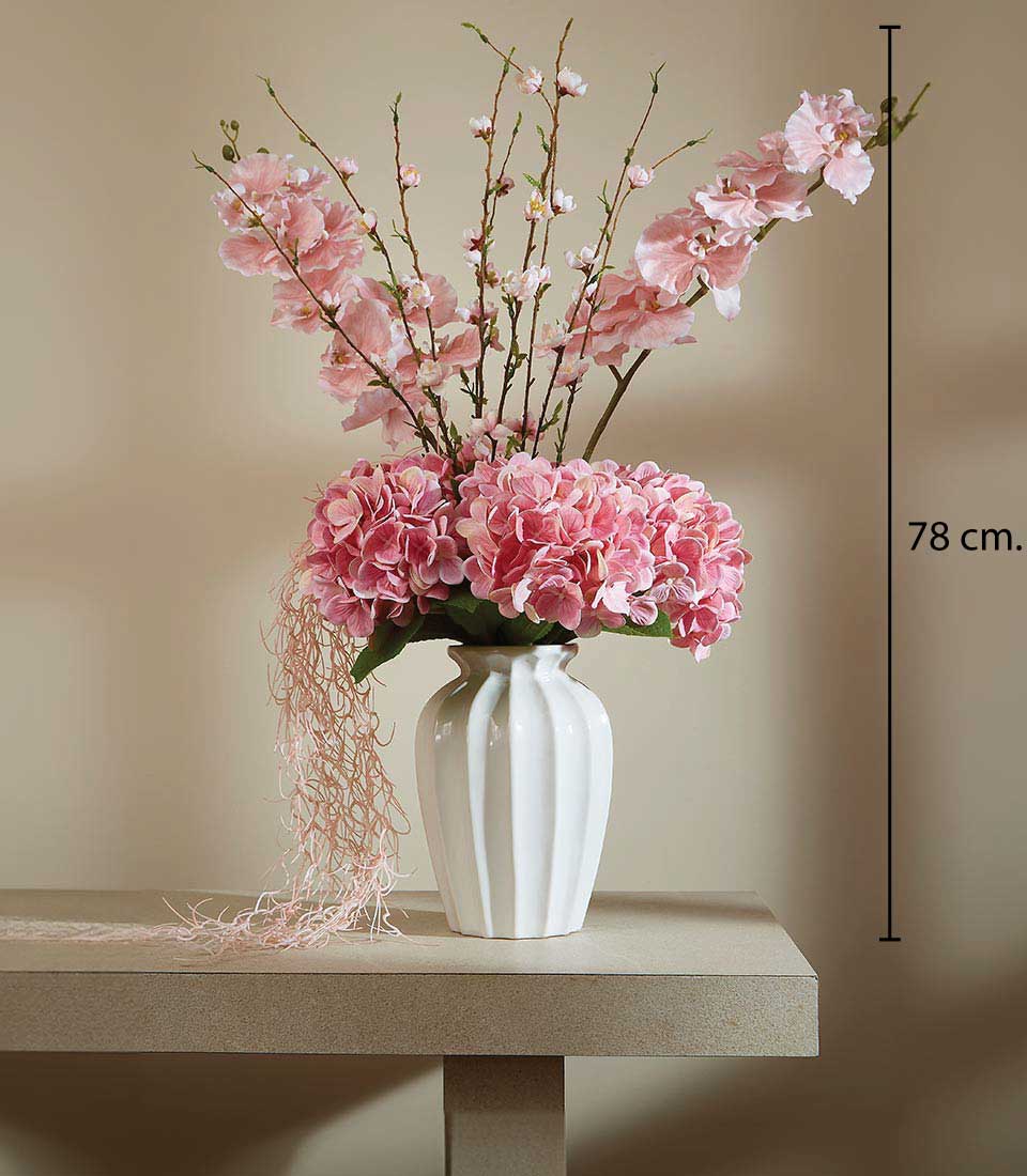 Charming pink hydrangea and cherry blossom artificial flower arrangement in white fluted vase, 78 cm tall