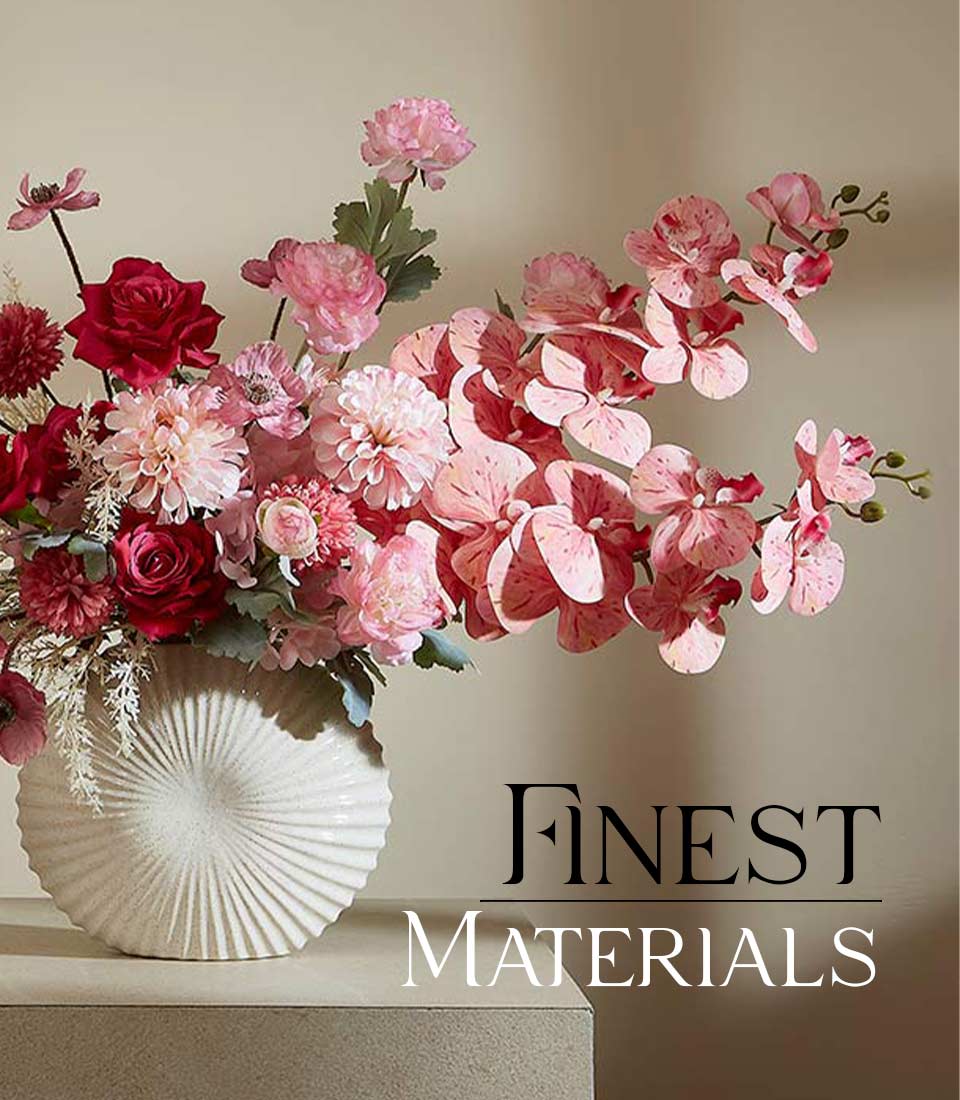 Romantic Charm red and pink artificial flower arrangement in white ribbed ceramic vase