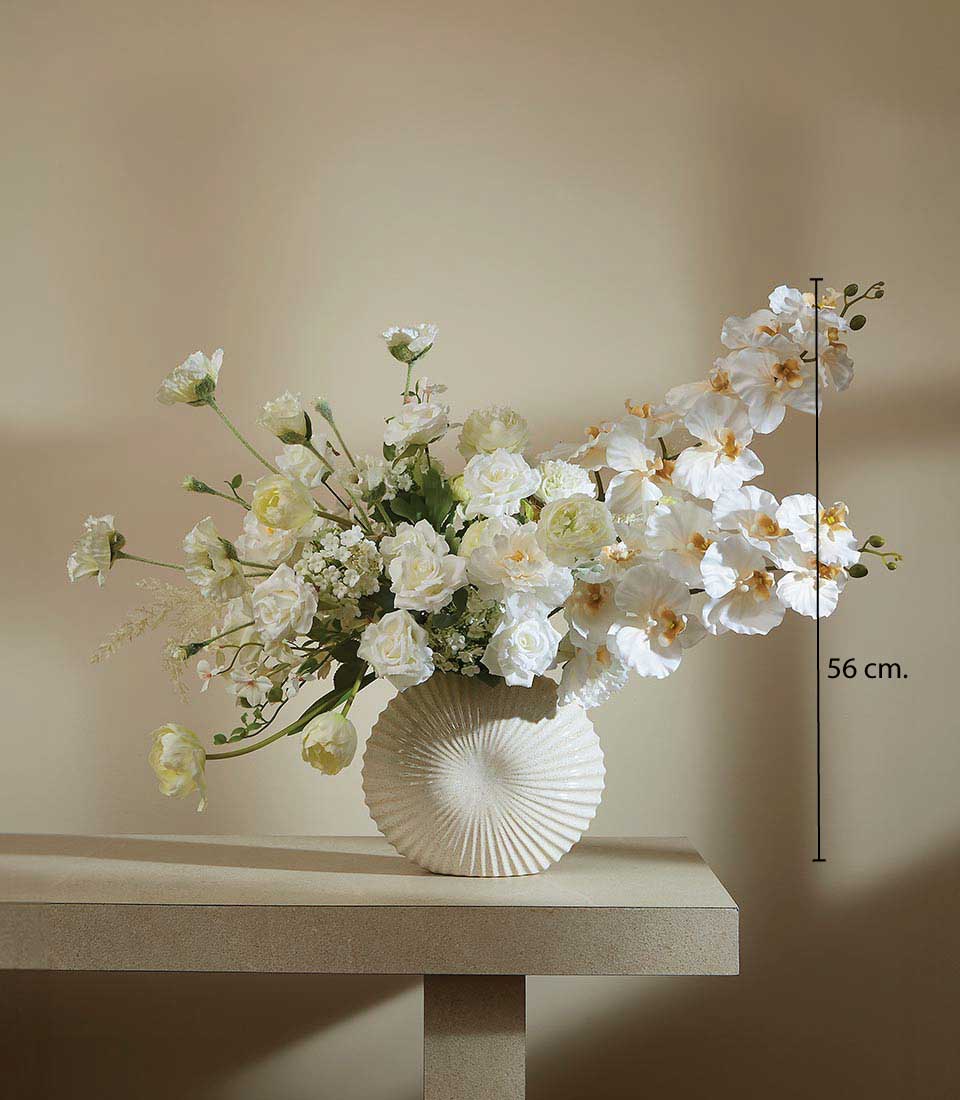 Frosted white ceramic vase with artificial roses, ranunculus, and orchids, premium flower arrangement for gifting