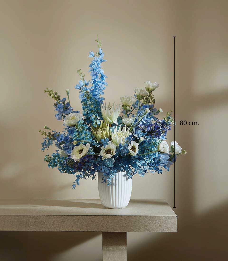 Premium blue and white artificial flower arrangement in white ceramic vase, 80cm tall, perfect for congratulations or mum