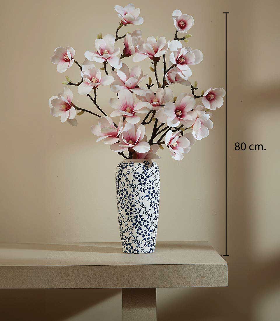 Tall blue and white ceramic vase with soft pink and white artificial magnolia flowers, 80 cm arrangement