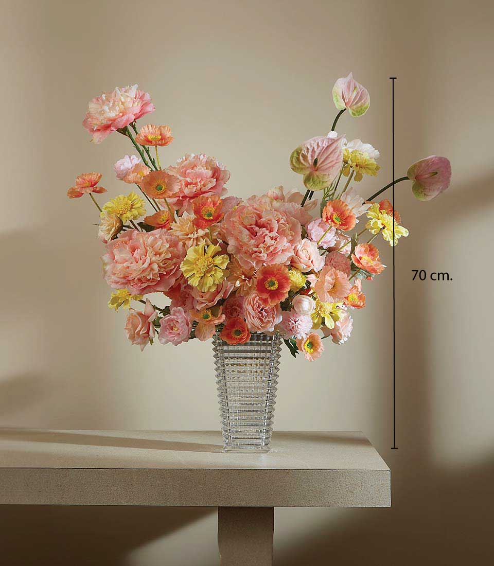 Eternal Summer Embrace tall peach and coral artificial flower arrangement in textured glass vase