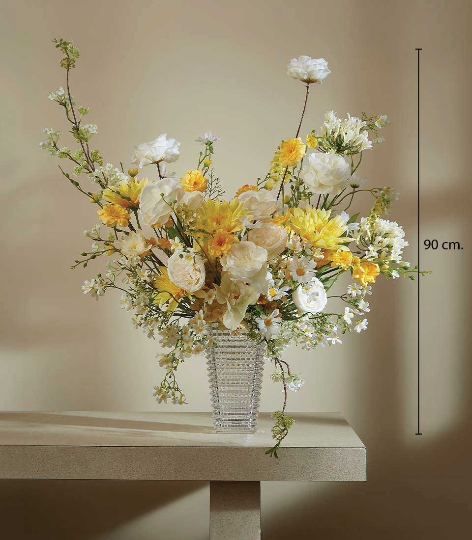 Elegant yellow and white artificial flower arrangement in textured glass vase, 90cm tall decorative piece