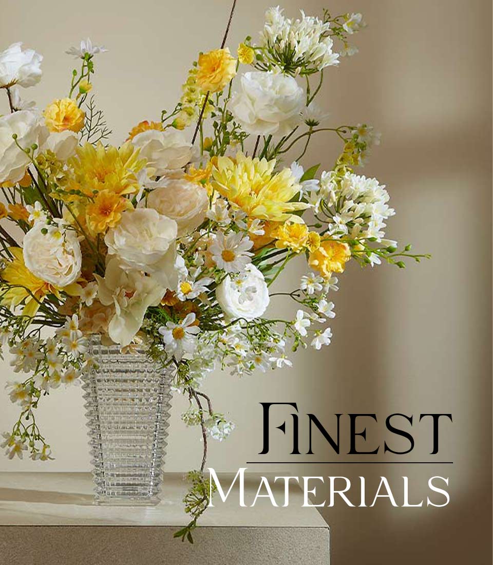 Elegant white and yellow peony arrangement in textured glass vase with finest materials