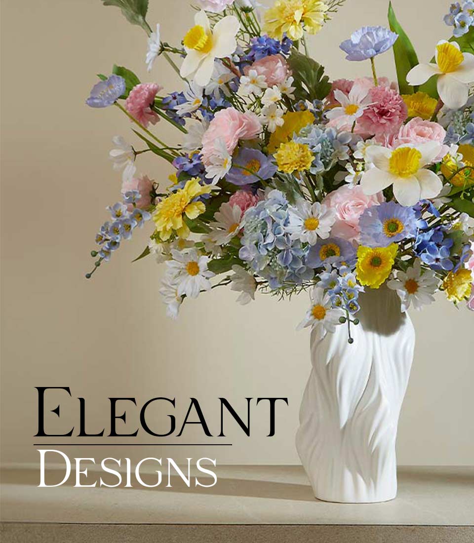 Vibrant spring artificial flower arrangement in white textured ceramic vase with daffodils, hydrangeas, and pink carnations