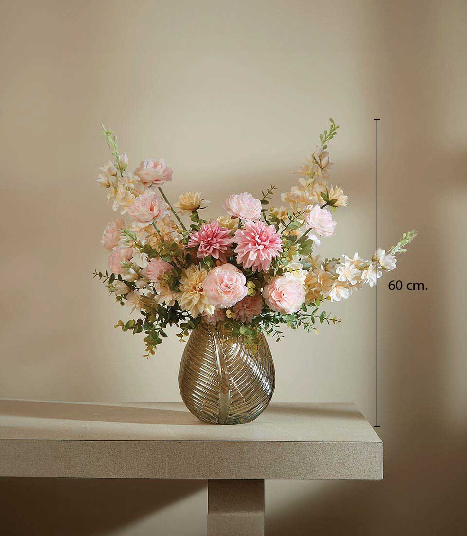 Premium artificial flower arrangement with pink dahlias and roses in ribbed glass vase, 60cm height