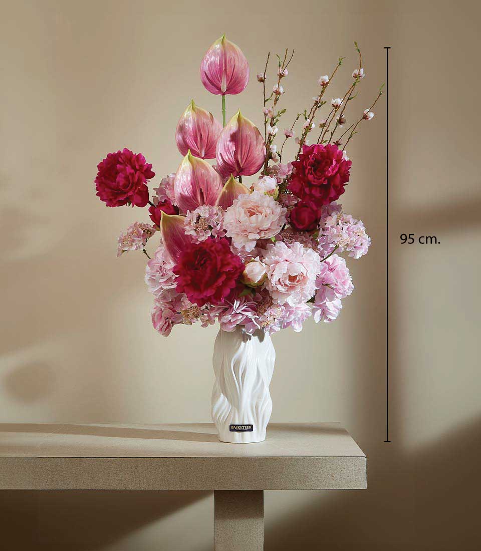 Eternal Charm pink fuchsia peony and anthurium artificial flower arrangement in textured white vase