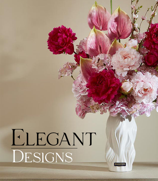 Pink and fuchsia peony arrangement in textured white vase, elegant artificial flowers for gifting