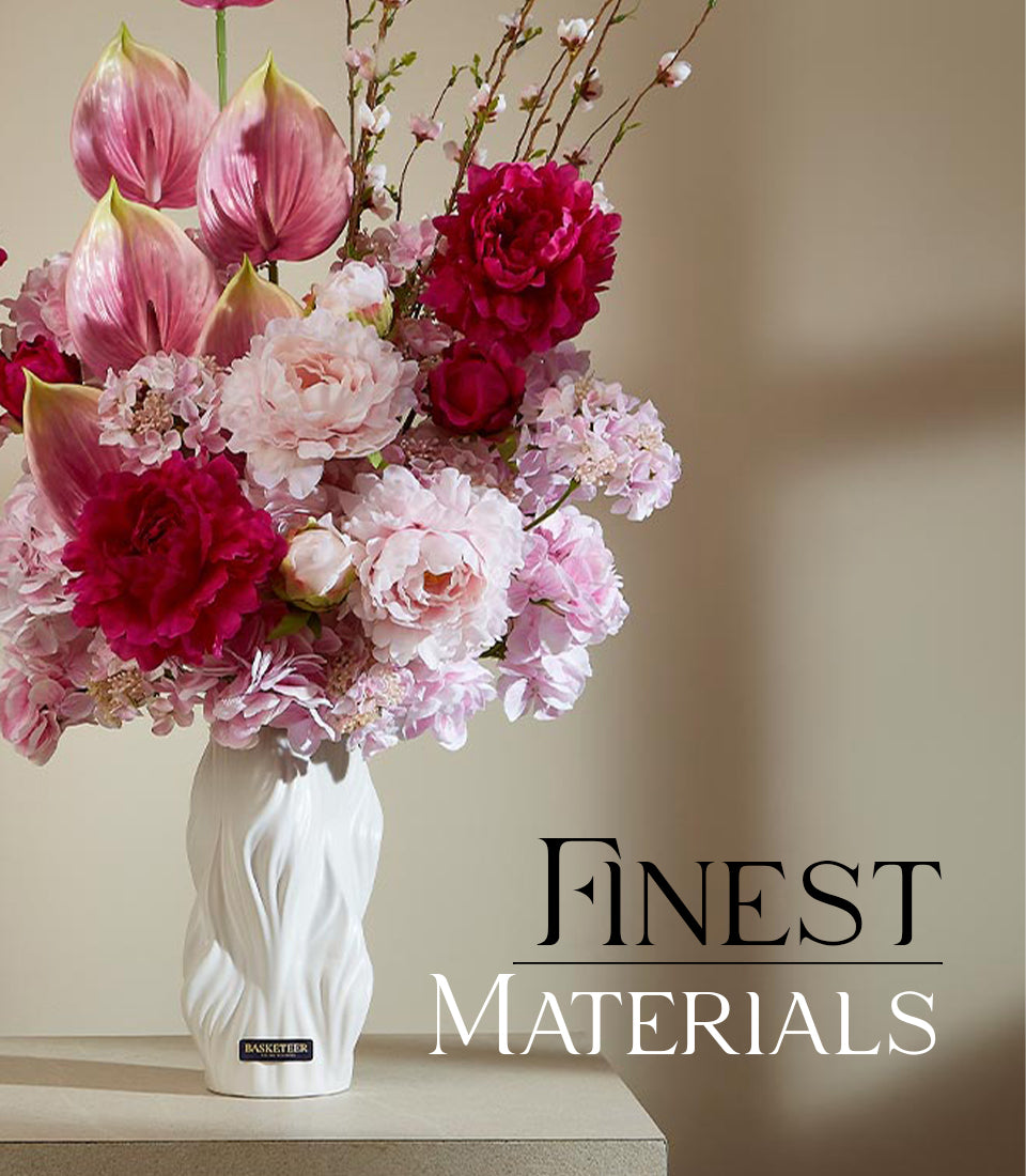 Eternal Charm pink peony and anthurium arrangement in textured white ceramic vase