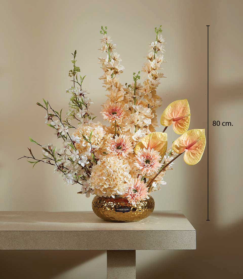 Sophisticated cream and pink artificial flower arrangement in gold hammered vase, 80cm tall luxury gift