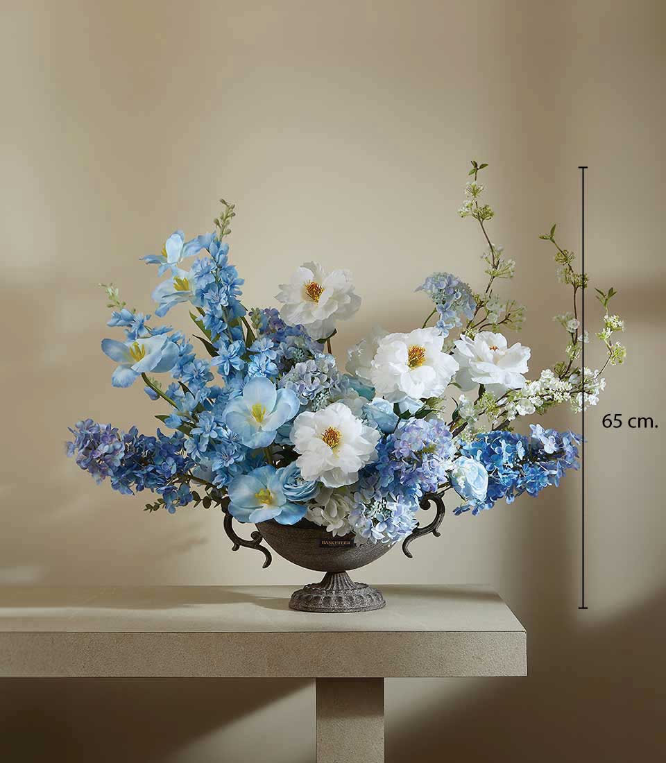 Elegant white and blue artificial flower arrangement in dark antique urn, 65cm tall luxury gift