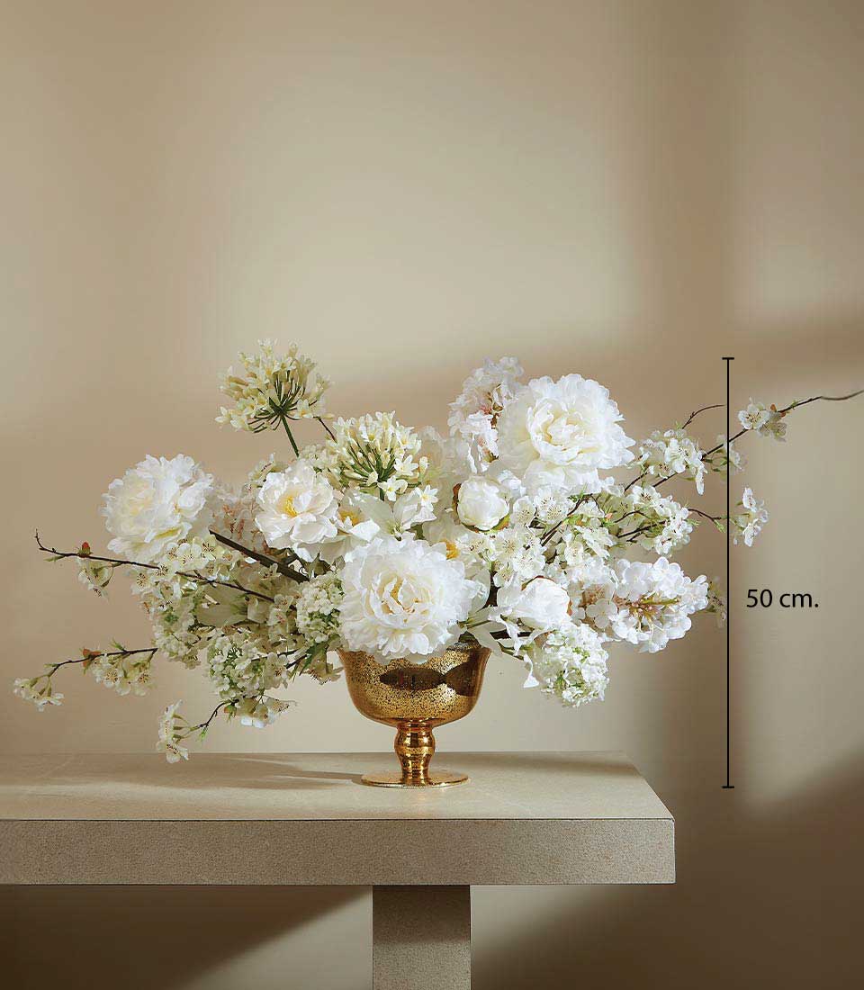 Tall white peony and blossom artificial flower arrangement in golden hammered bowl, luxury winter gift