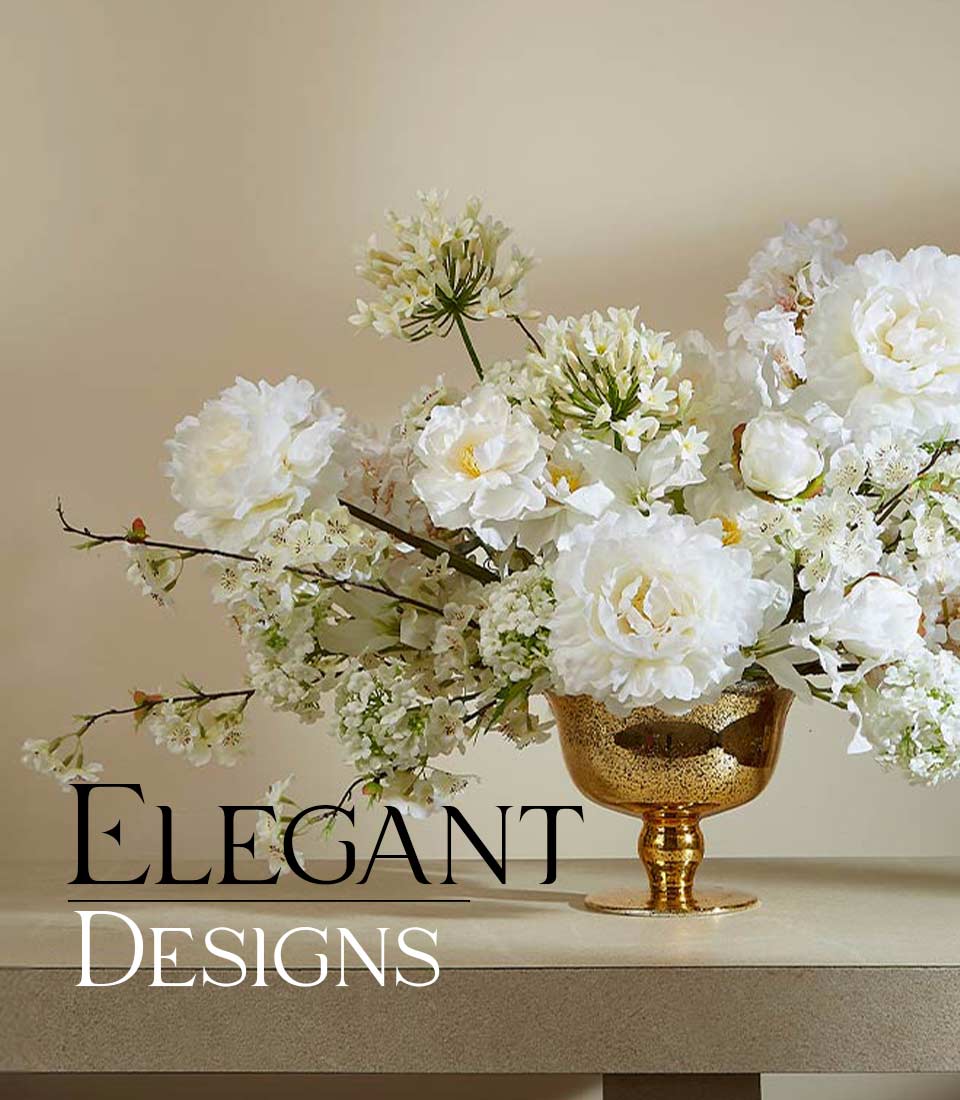 Luxurious white peony artificial flower arrangement in textured gold footed bowl