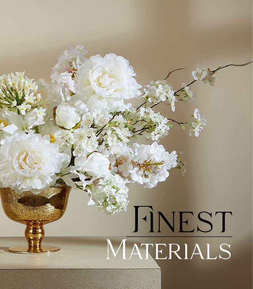 Luxurious white peony and cherry blossom artificial flower arrangement in gold footed bowl