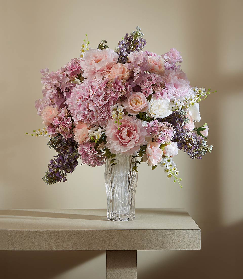 Luxe artificial peony and rose arrangement in textured glass vase, pink and cream blooms for gifting