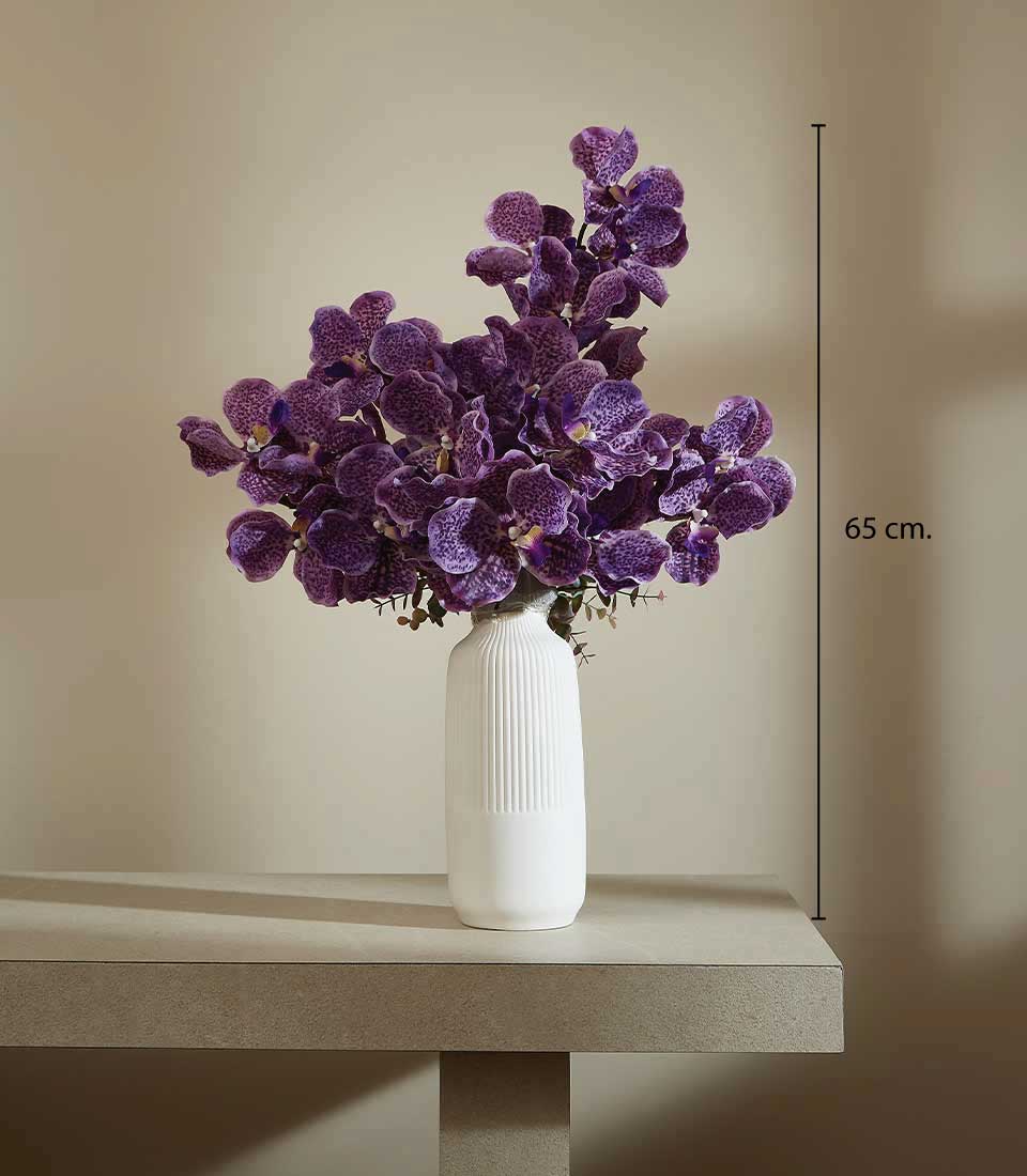 Tall white ceramic vase with purple speckled orchids, 65cm artificial flower arrangement for gifting
